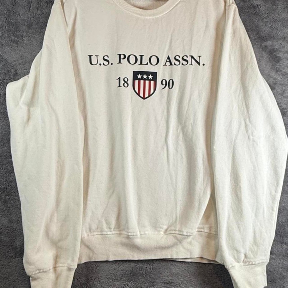 US Polo Assn Mens Cream Crewneck Sweatshirt Large Logo Graphic Pullover L